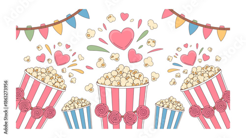 Popcorn and Hearts: A charming illustration depicts popcorn buckets brimming with fluffy popcorn, adorned with playful hearts, and festive bunting. A delightful scene, perfect for conveying joy.