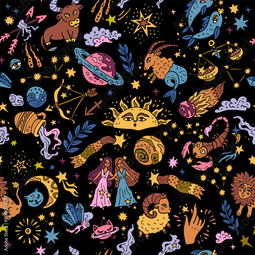 Seamless pattern with Western astrology. Zodiac animals. A cosmic fantasy backdrop for teenagers and small children. Fun zodiac.
