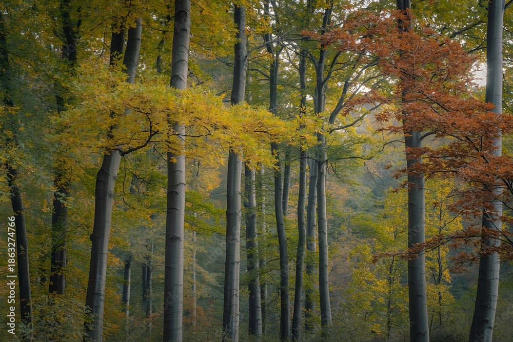 Obraz premium Vertical shot of a forest with yellow and green leafed