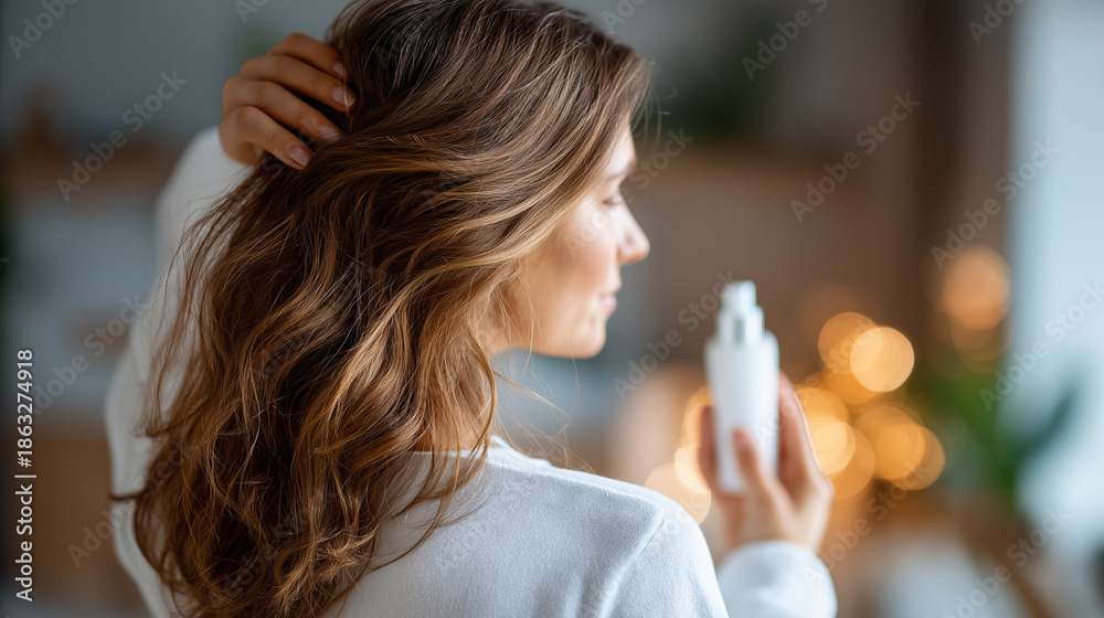 Fototapeta premium Beautiful woman long hair holding, hair care product modern, bathroom beauty self-care routine, elegant decor soft lighting, wellness display moment, with copy space