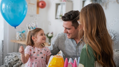 Family Celebration With a Young Girl Enjoying Her Birthday in a Bright Indoor...