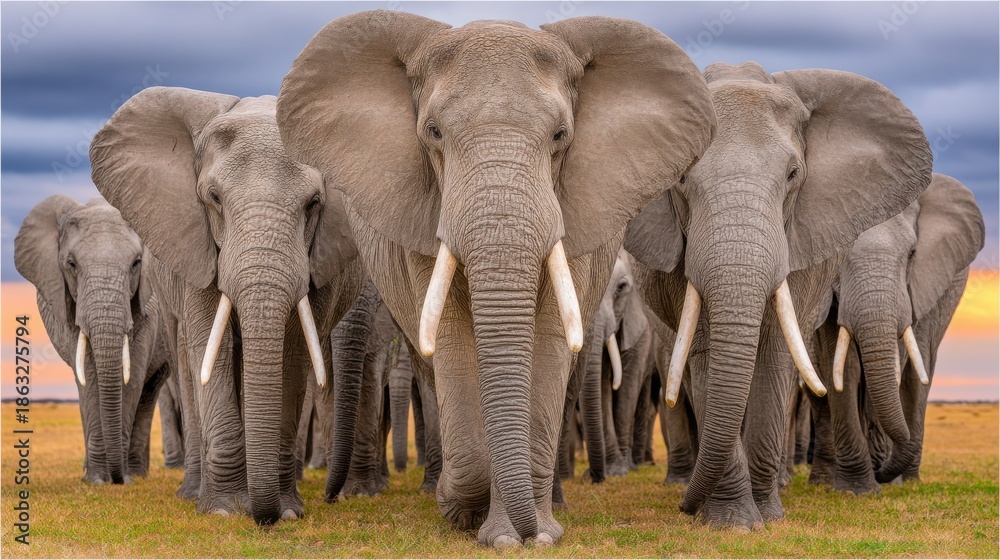 Obraz premium dramatic wildlife gathering at dusk in the african savannah landscape