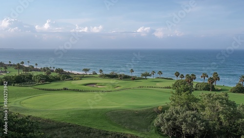 Coastal Golf Course Near Ocean With Green Grass and Palm Trees on a Sunny Day