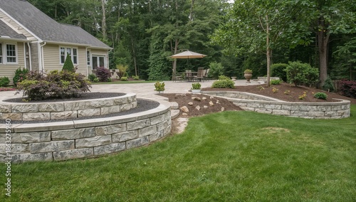 Garden With Stone Walls and Patio Area in a Residential Backyard at Midday