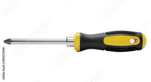 Extreme macro close-up of a professional phillips head screwdriver with a chrome shaft and matte black, yellow rubberized ergonomic handle, isolated on a clean white background, conveying reliability