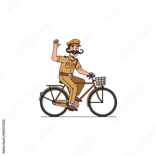 Postman Riding Bicycle and Waving Hand.