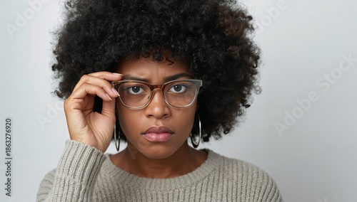 Young Woman With Glasses Looks Directly at the Camera With a Serious Expressi...