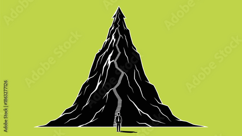 Man standing at base of huge mountain with winding staircase