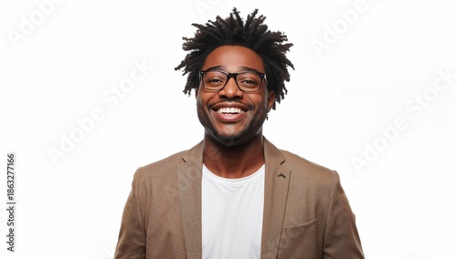 Man Smiles While Wearing a Brown Jacket and Blue Shirt Indoors With Bright Ba...