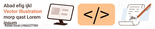 Web development, programming, coding skills, digital technology, documentation, creative writing. Computer screen, coding symbol paper with pen. Web development and programming concepts illustrated