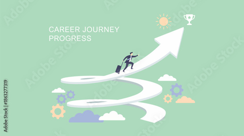 Businessman on upward career path with briefcase and success symbols