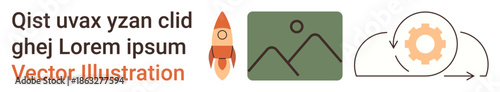 Technology, creativity, innovation, automation, cloud computing, digital media. A rocket, image icon and cloud with gear are displayed. Technology and creativity concepts visually
