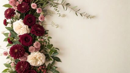 Crimson and Soft Blossom Floral Border on Cream Background