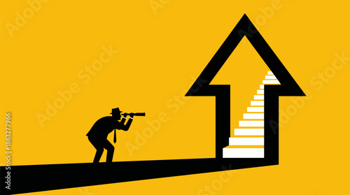 Businessman looking up at upward arrow and stairs to success