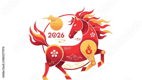 Vibrant 2026 Chinese New Year Horse Illustration with Lunar Symbolism and Festive Decorations