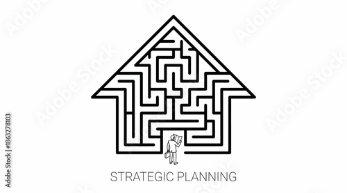 Businessman navigating complex house maze for strategic planning