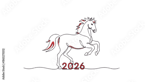 Dynamic continuous line art illustration of a powerful horse with vibrant red accents, embodying the auspicious spirit and forward momentum for the year 2026, perfect for modern design