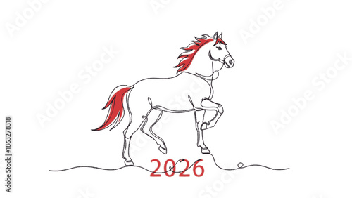 Illustration of a striking white horse with a flowing red mane and tail, set against a clean background, symbolizing the upcoming Year of the Horse in 2026