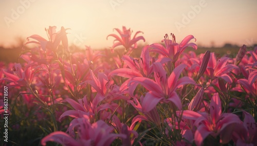 Pink Flowers Bloom Under the Sunset in a Field Located Outdoors in the Evenin...