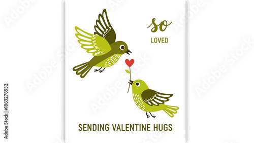 Valentine's Day card with loving birds sending hugs and hearts