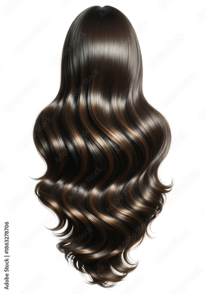 Fototapeta premium Dramatically long, thick espresso brunette hair featuring subtle caramel balayage and a deep center part, styled in glossy hollywood waves against pure white. Concept for commercial hair product