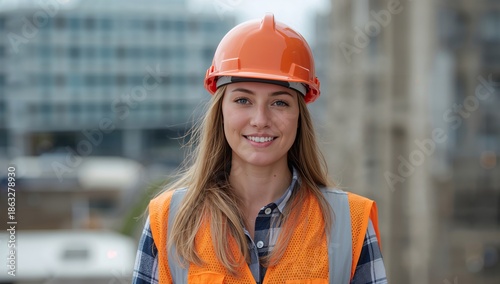 Female Worker in Orange Helmet and Vest Smiles at Construction Site in City D...