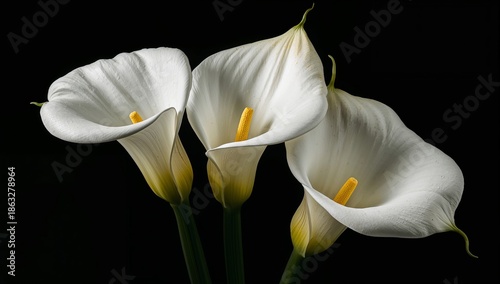 White Calla Lilies Bloom With Yellow Centers Against a Dark Background in a C...