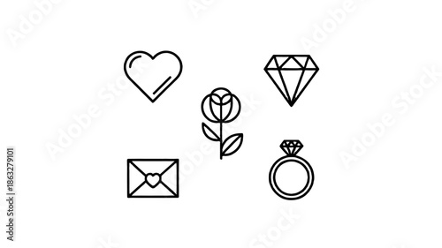 Five Romantic Elements: Heart, Flower, Diamond, Envelope, Ring.