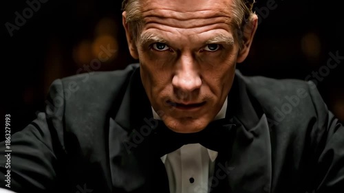 A stern, intense man in formal black tuxedo seated, focused and serious