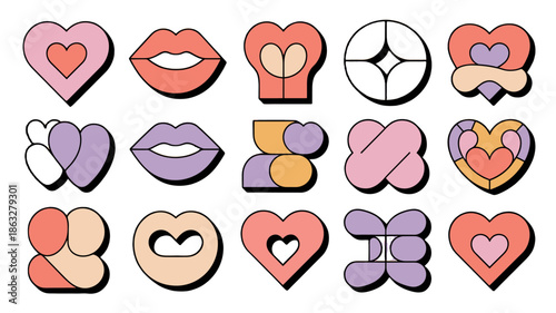 A collection of retro-style heart and lip illustrations.