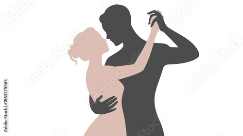 A silhouette of a couple gracefully dancing together.