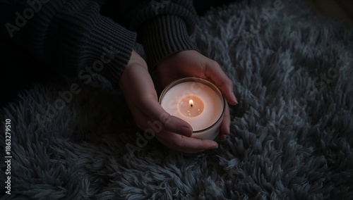 Person Holding a Candle While Sitting on a Cozy Blanket in Dim Light at Home ...