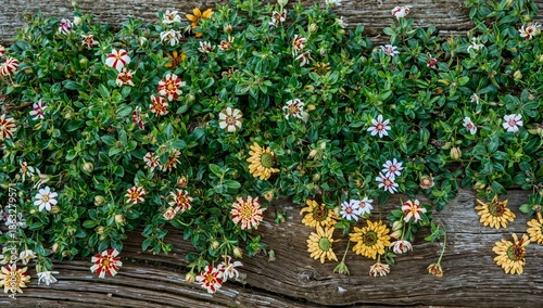 Bright Flowers Cover Wooden Surface in Outdoor Garden Setting During Daylight...