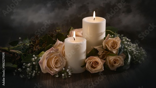 Warm Candles and Roses on a Wooden Table With Dark Background at Evening Setting