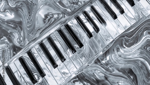 Piano Keys Blend With Flowing Patterns in Abstract Design of Black and White ...