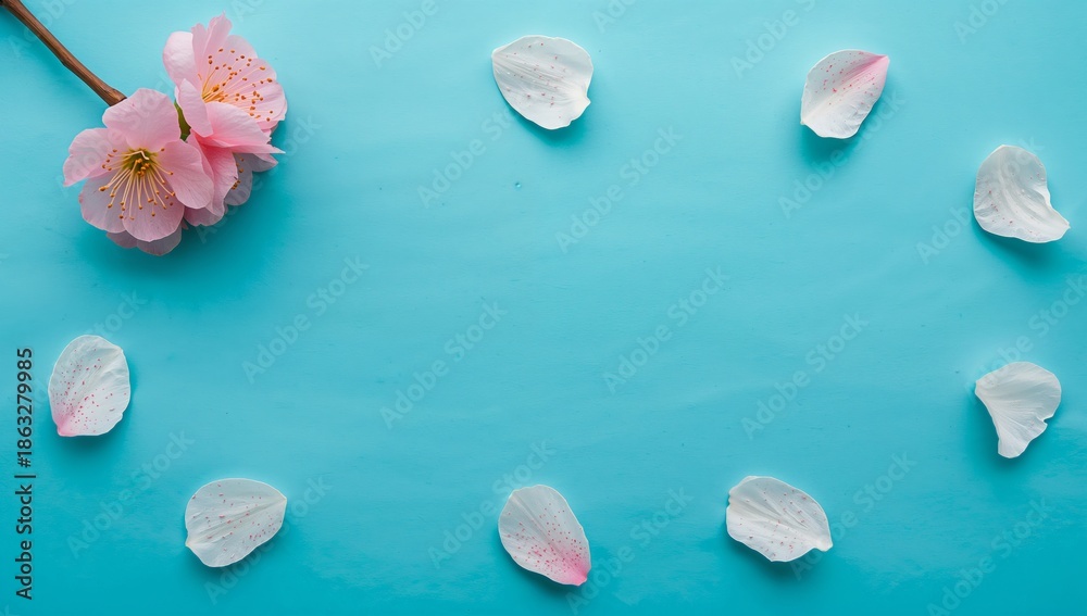 Obraz premium Flower Petals and Blossoms Arranged on Blue Background With Simple Design