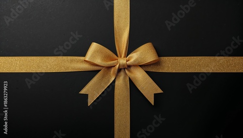 Gift Wrapped With Golden Bow on Black Background