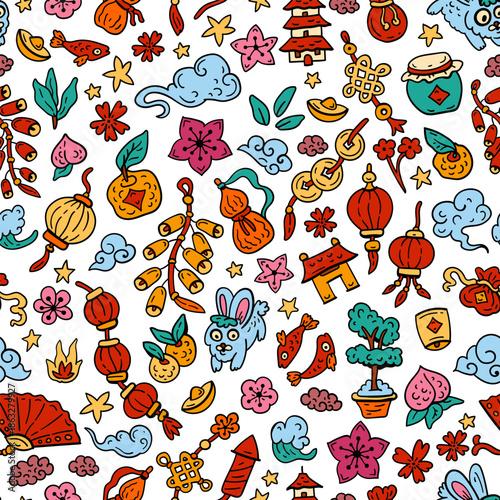 Seamless pattern with Symbols of celebration and happiness for the Chinese New Year. Chinese zodiac. Symbols of good luck. Bright doodle backdrop for teenagers. Rabbit, pumpkin, money, pagoda,