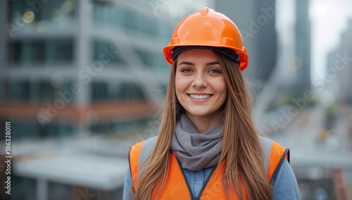 Female Worker in Orange Helmet and Vest Smiles at Construction Site in City D...
