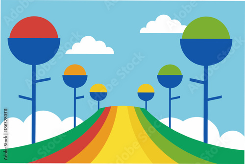 Whimsical Tree Canopy Walkway Above Rainbow Leaves