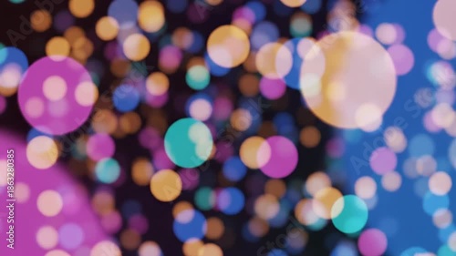 Colorful lights create patterns during nighttime celebration at city park with friends enjoying event, blur christmas background