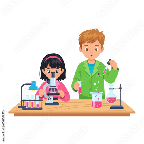 Children conducting science experiment with microscope and test tubes in laboratory