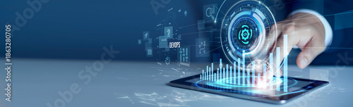 Businessmen use the tab analyzing DevOps and deployment data. Software delivery dashboard, CI/CD pipeline, automation monitoring, cloud infrastructure, agile operations