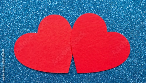 Two Red Hearts Cut From Paper Placed on Blue Glitter Background