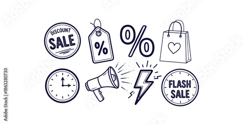 High-Quality Sketchy Flash Sale Discount Promotion Doodle Icons Megaphone Vector Set