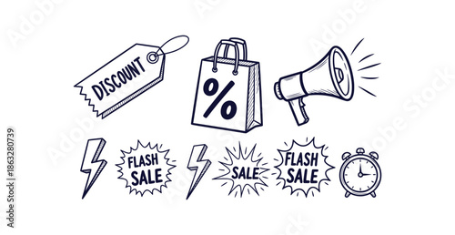 Detailed Doodle Sale Icons Set Shopping Marketing Promotional Megaphone Discount Tags Alarm Clock