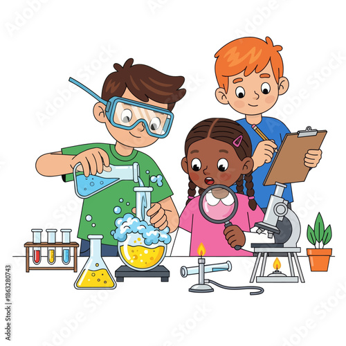 Children conducting science experiment in a laboratory