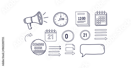 Essential Business Doodle Icons Set Vector Time Management Planning Announcement Calendar Clock