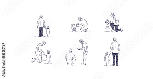 Hand-drawn Sketch Vector Icons Representing Fatherhood, Parenting, and Family Bonding Moments