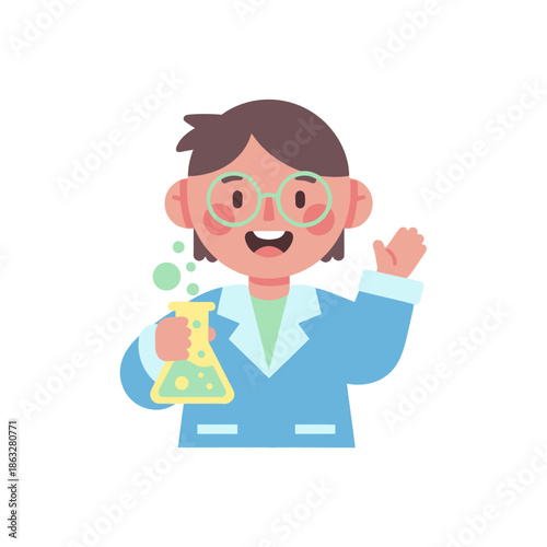 Cute Scientist Character Holding Flask with Bubbles, Waving Hand